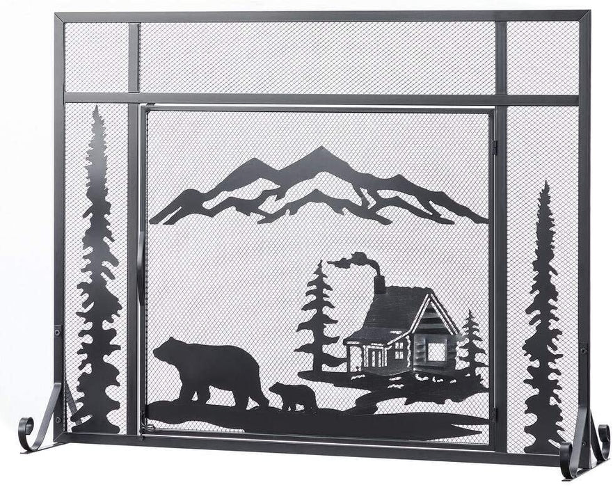 Unique Forest Woodhouse Black Single Panel Iron Fireplace Screen - HomeBeyond