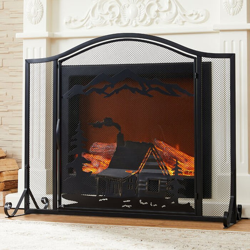 Unique Forest Woodhouse Black Single Panel Iron Fireplace Screen - HomeBeyond