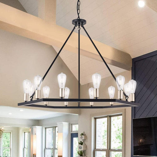 12-light wagon wheel chandelier in vaulted ceiling living room with exposed beams and dark shiplap wall