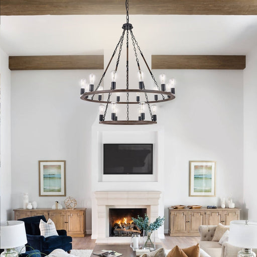 18-light two-tier wagon wheel chandelier hanging over farmhouse living room with wood beam ceiling