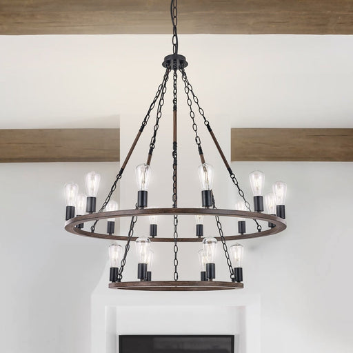 Two-tier 18-light farmhouse chandelier with Edison bulbs near wood ceiling beams and white trim