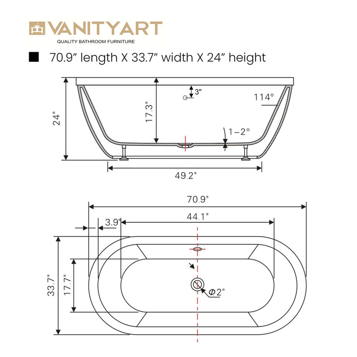Vanity Art 71 x 34 Inches Freestanding White Acrylic Bathtub UPC certified Modern Stand Alone Soaking Tub - HomeBeyond