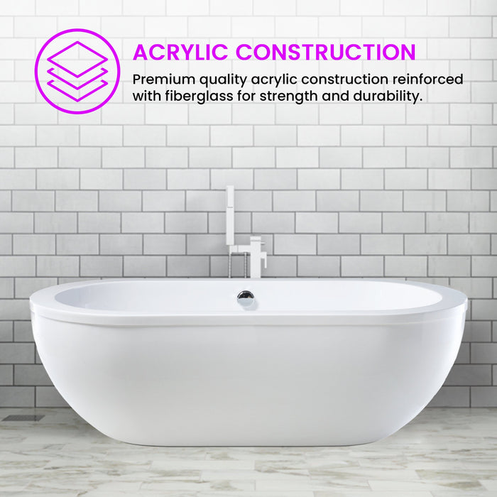 Vanity Art 71 x 34 Inches Freestanding White Acrylic Bathtub UPC certified Modern Stand Alone Soaking Tub - HomeBeyond