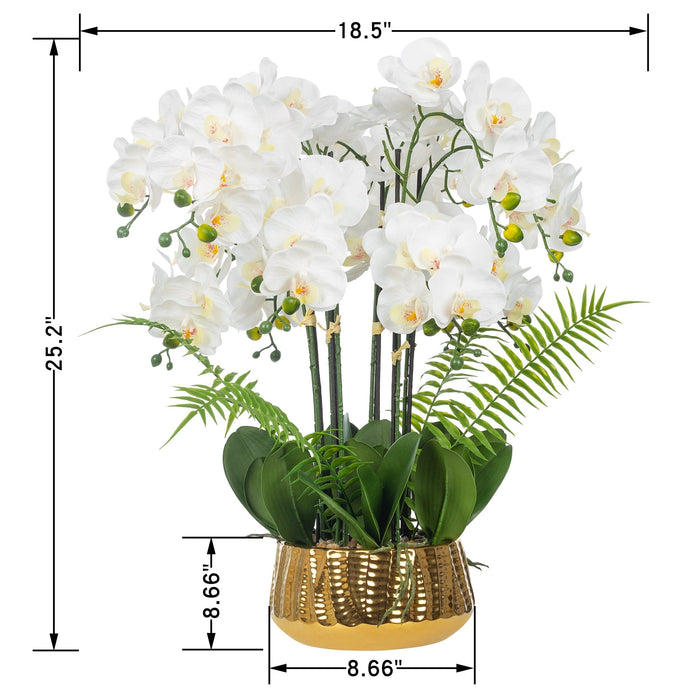 Vanity Art Faux Phalaenopsis Orchid Floral Arrangement in Ceramics Vase | 12 Stems 25.2" Artificial Real Touch Silk Orchids in Gold Ceramic Pot for Home Office Decoration, MLTAO-1070JS - HomeBeyond