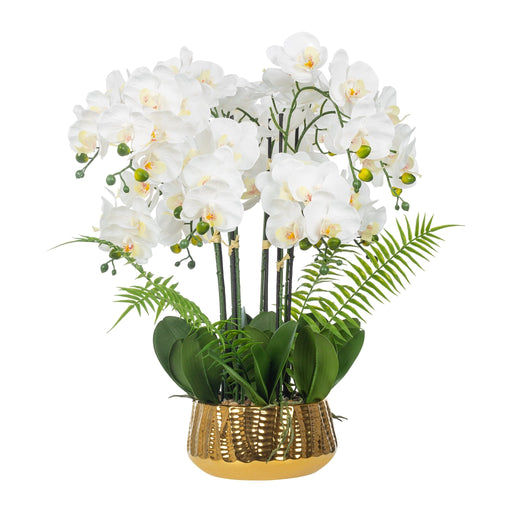 Vanity Art Faux Phalaenopsis Orchid Floral Arrangement in Ceramics Vase | 12 Stems 25.2" Artificial Real Touch Silk Orchids in Gold Ceramic Pot for Home Office Decoration, MLTAO-1070JS - HomeBeyond