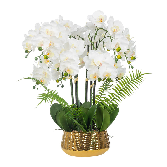 Vanity Art Faux Phalaenopsis Orchid Floral Arrangement in Ceramics Vase | 12 Stems 25.2" Artificial Real Touch Silk Orchids in Gold Ceramic Pot for Home Office Decoration, MLTAO-1070JS - HomeBeyond