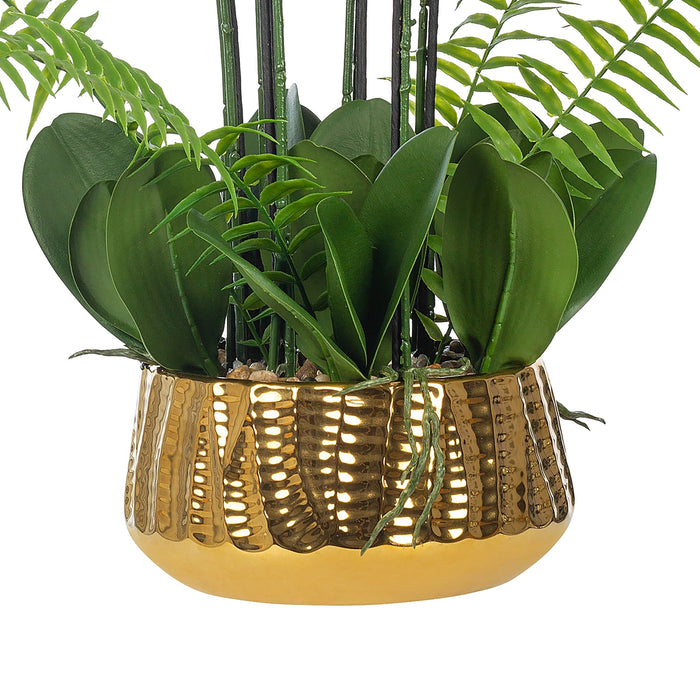 Vanity Art Faux Phalaenopsis Orchid Floral Arrangement in Ceramics Vase | 12 Stems 25.2" Artificial Real Touch Silk Orchids in Gold Ceramic Pot for Home Office Decoration, MLTAO-1070JS - HomeBeyond