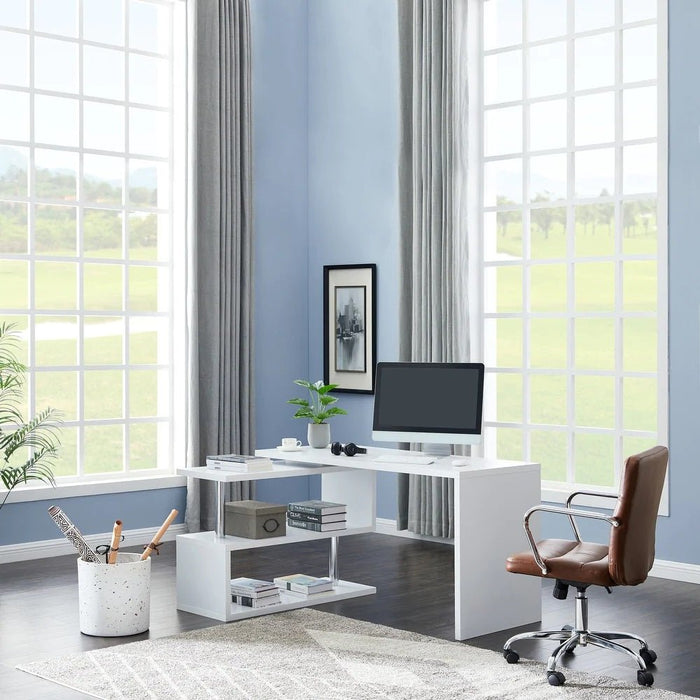Vanity Art Modern Convertible L Shaped Swivel Rotation Corner Computer Desk with Shelves for Home Office White