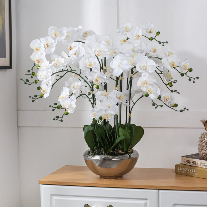 Vanity Art Plastic Phalaenopsis Orchids Floral Arrangement in Pot Home Decor | 14 Stems Real Touch White Artificial Flowers for Decoration with Green Leaf in Silver Ceramic Pot, MLTAO-1082YS - HomeBeyond