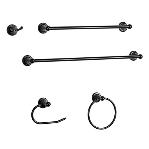 Matte black 5-piece bathroom hardware set on white background featuring two towel bars, towel ring, robe hook, and paper holder