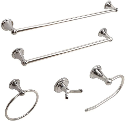 Polished chrome 5-piece bathroom hardware set on white background showing two towel bars, ring, hook, and paper holder
