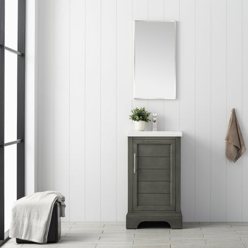 Vannes 20 inch silver grey bathroom vanity with ceramic sink and mirror front view in white bathroom